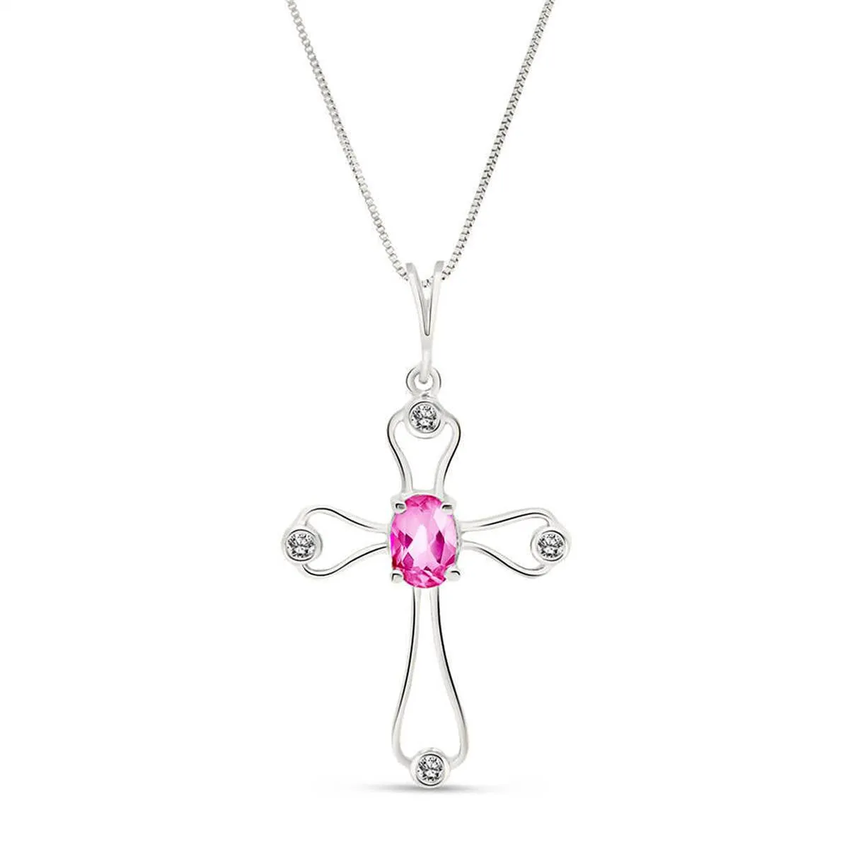 0.57 Carat 14K Solid White Gold Warm Faith Heart Pink Topaz Diamond Necklace