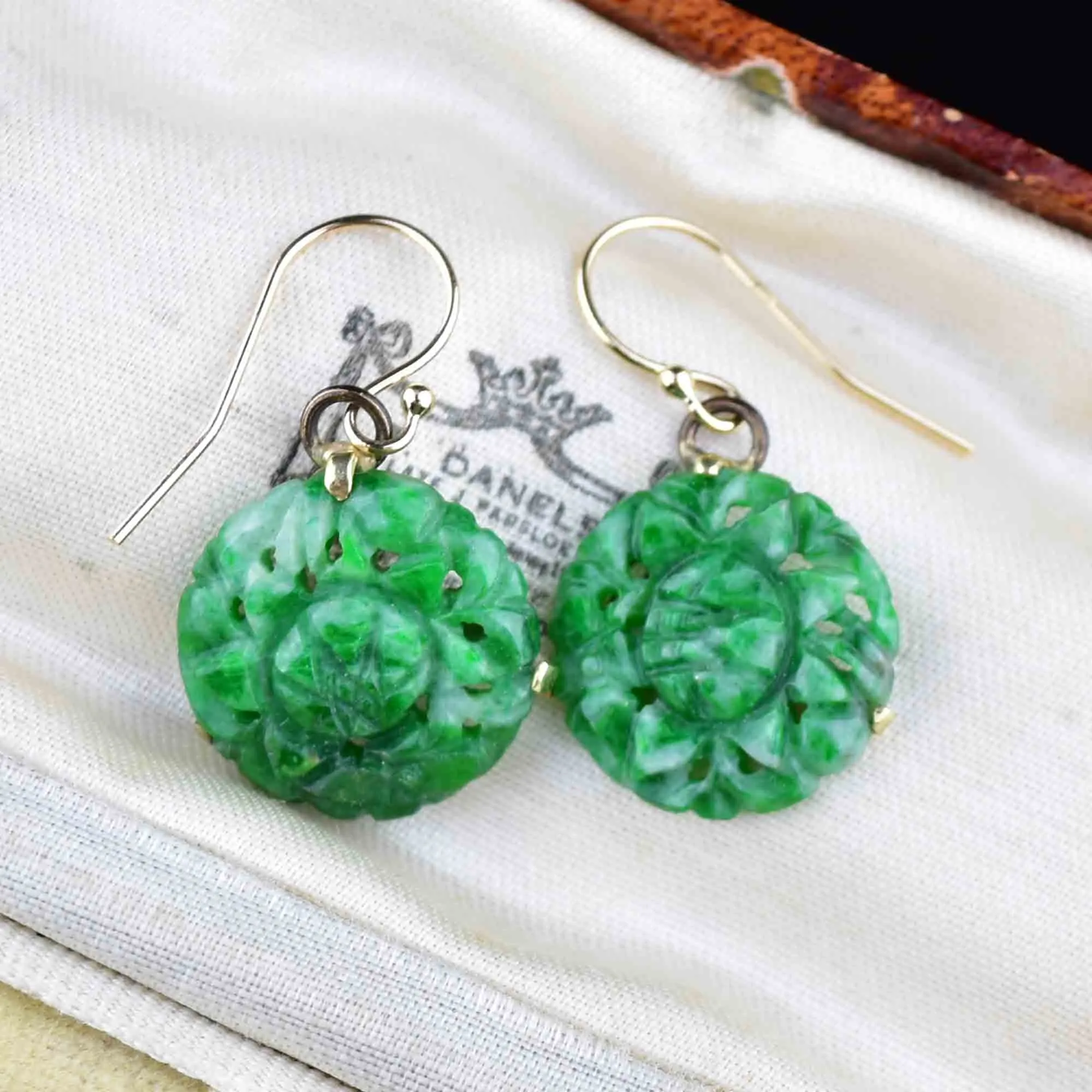 10K Gold Carved Jade Disk Earrings