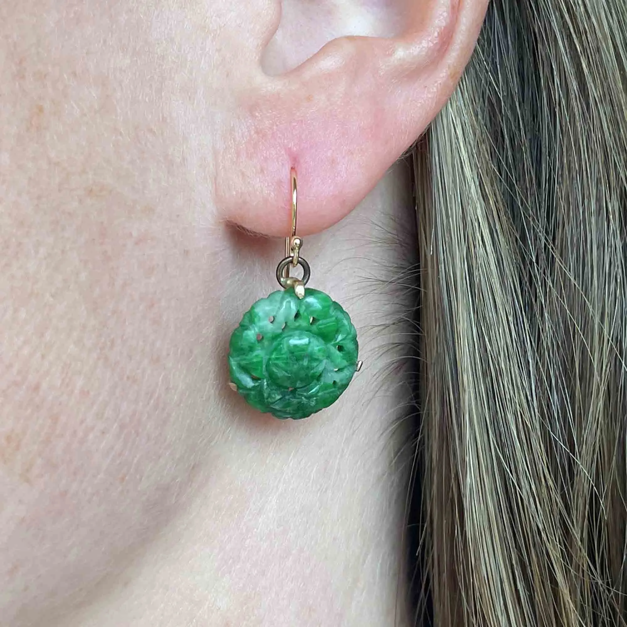 10K Gold Carved Jade Disk Earrings