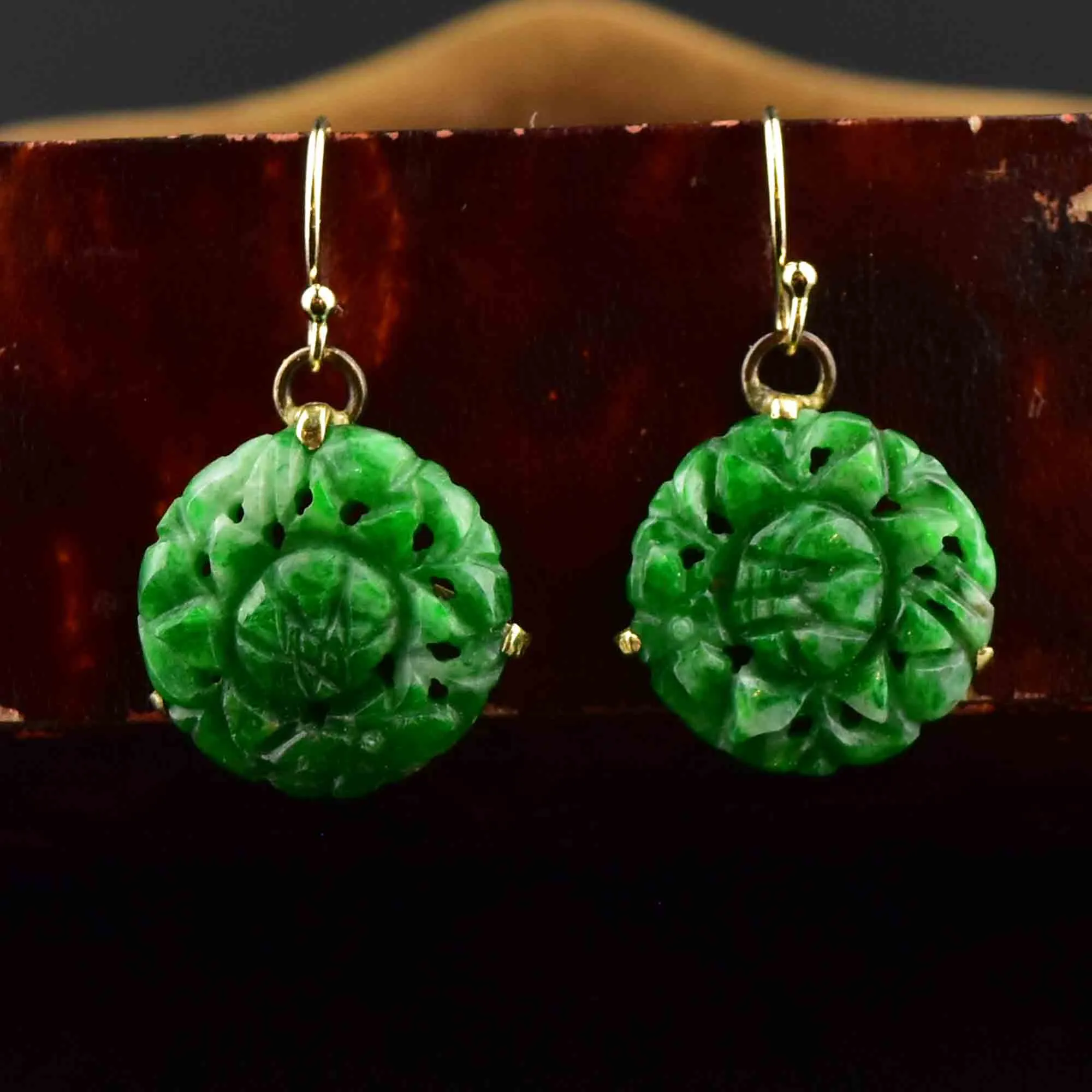 10K Gold Carved Jade Disk Earrings