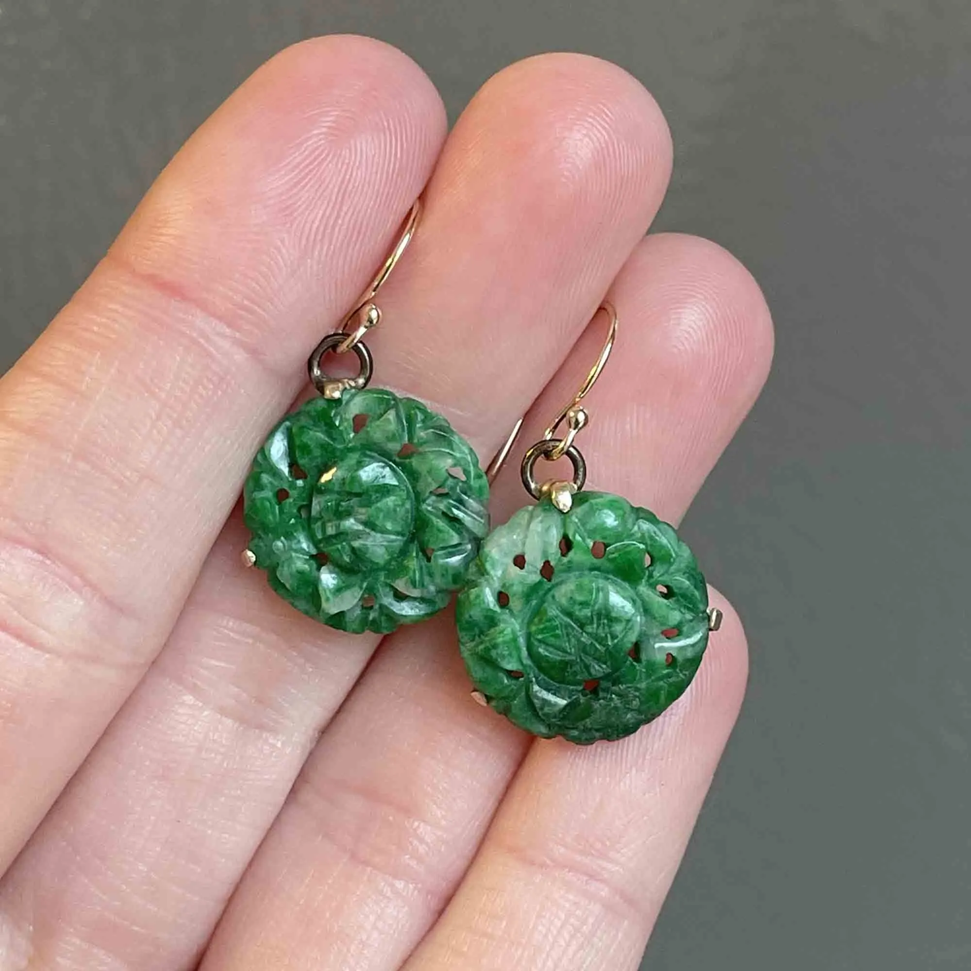 10K Gold Carved Jade Disk Earrings