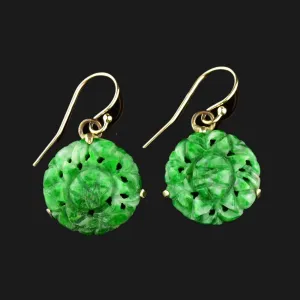 10K Gold Carved Jade Disk Earrings