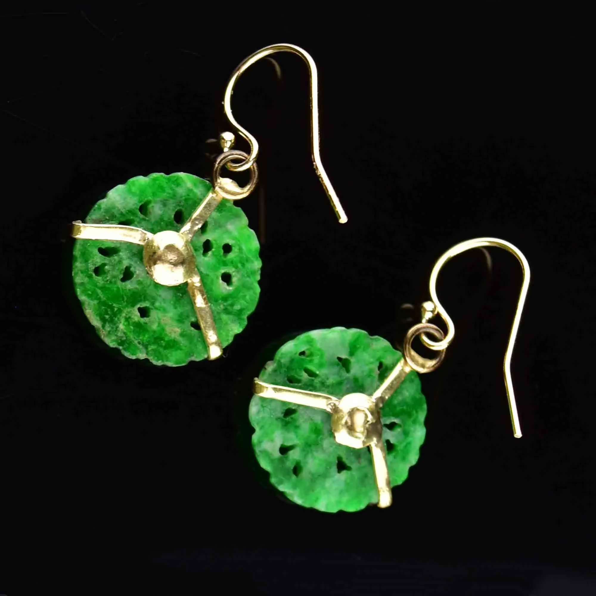 10K Gold Carved Jade Disk Earrings