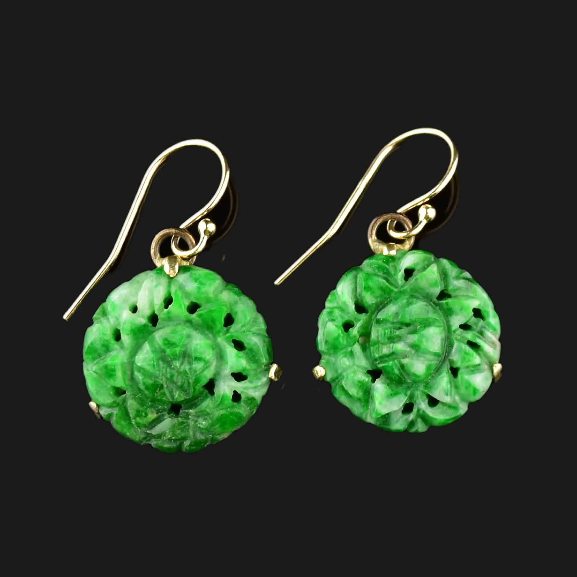 10K Gold Carved Jade Disk Earrings