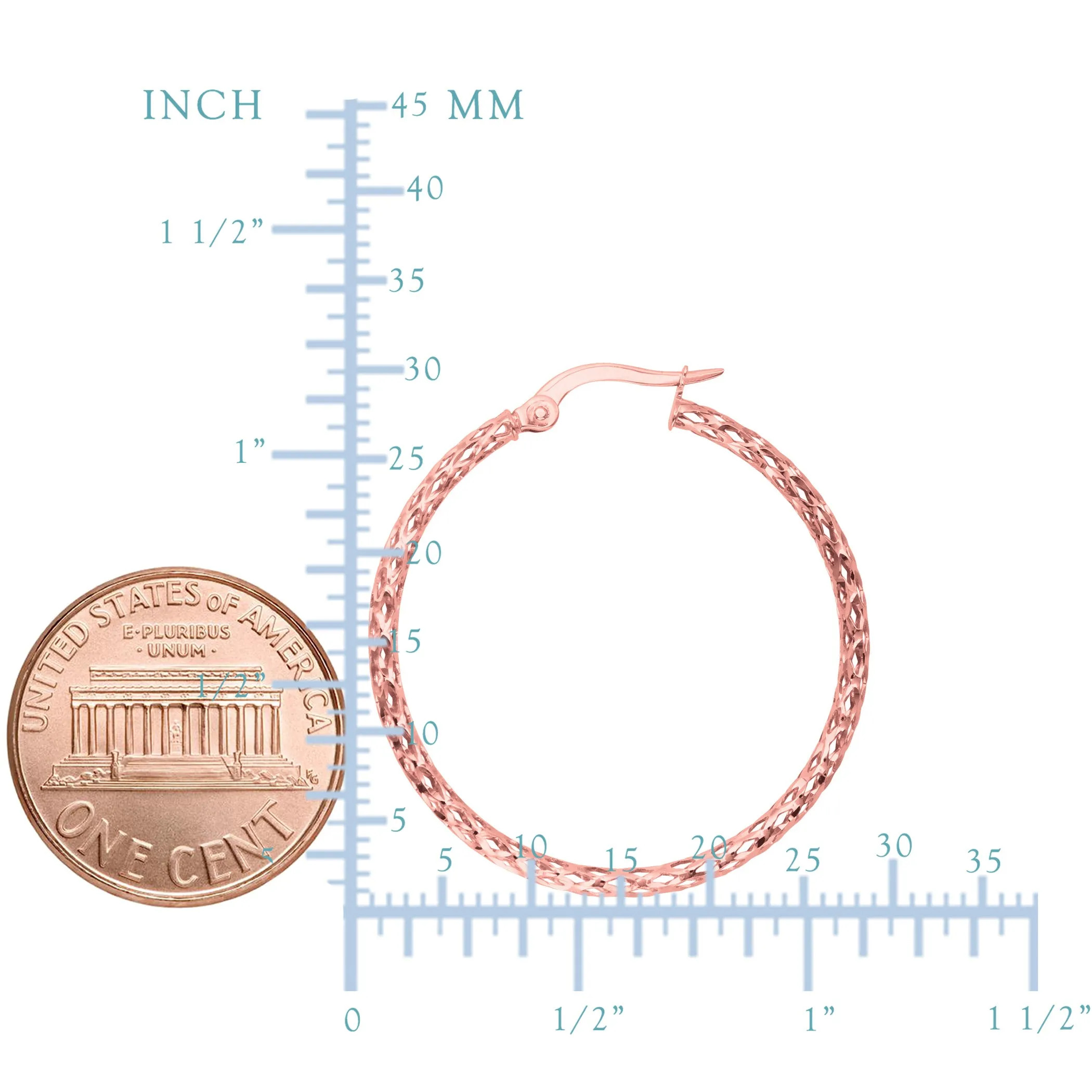 10k Rose Gold Shiny Mesh Round Hoop Earrings, Diameter 30mm