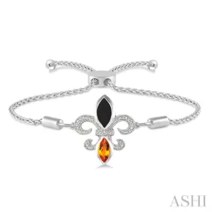 1/20 Ctw Marquise 10x5mm Onyx & 8x4mm Citrine Round Diamond Fleur De Lis Sterling Silver Lariat Bracelet