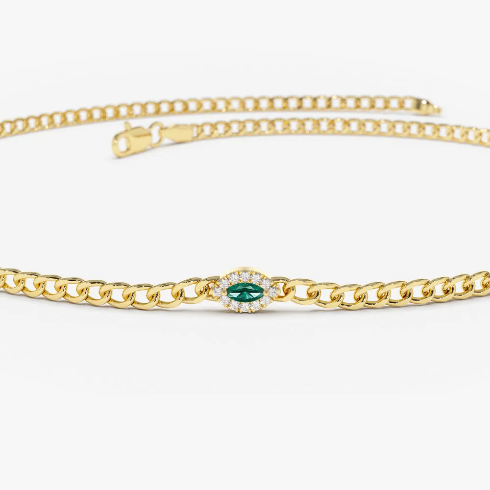 14k 2MM Curb Link Marquise Emerald Bracelet