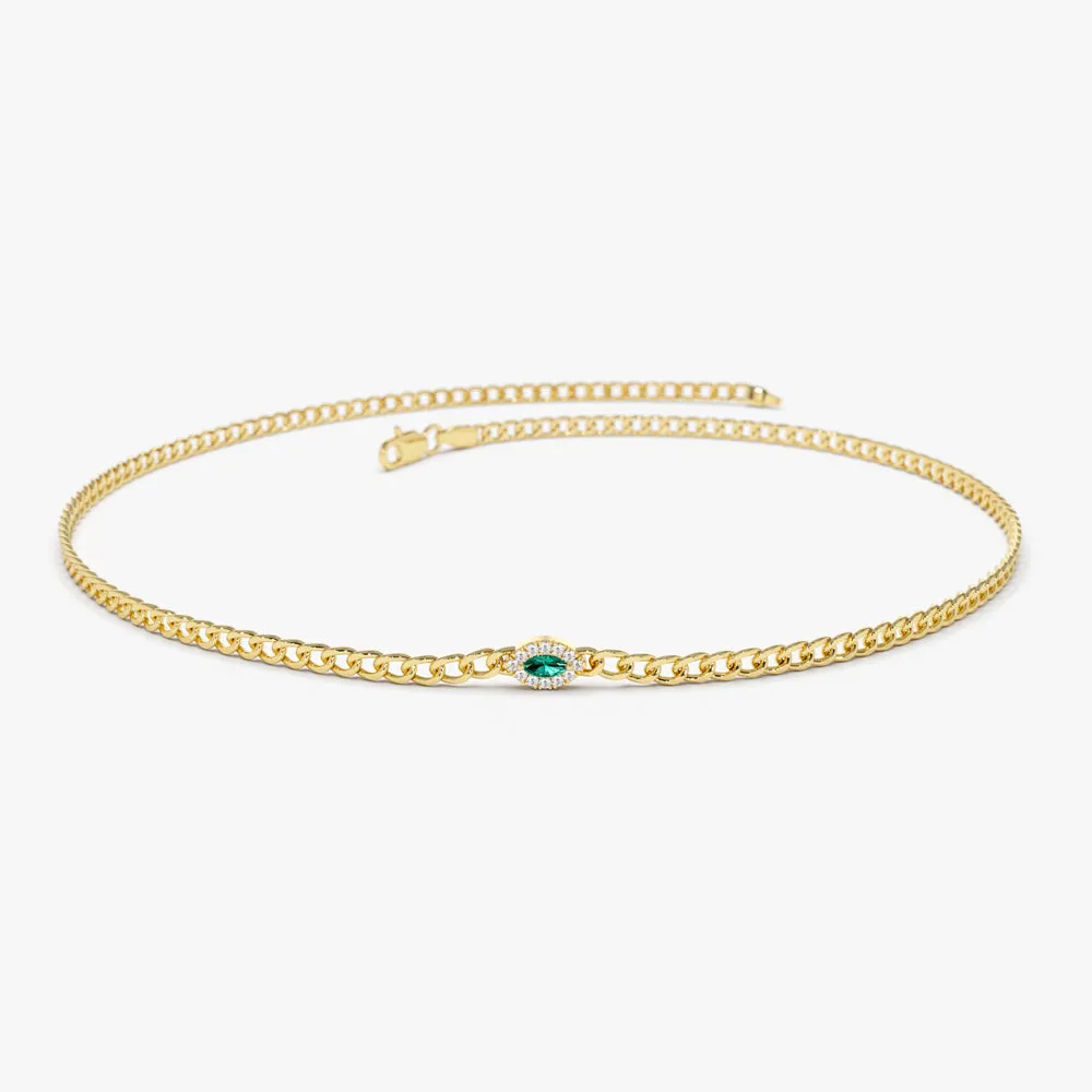 14k 2MM Curb Link Marquise Emerald Bracelet