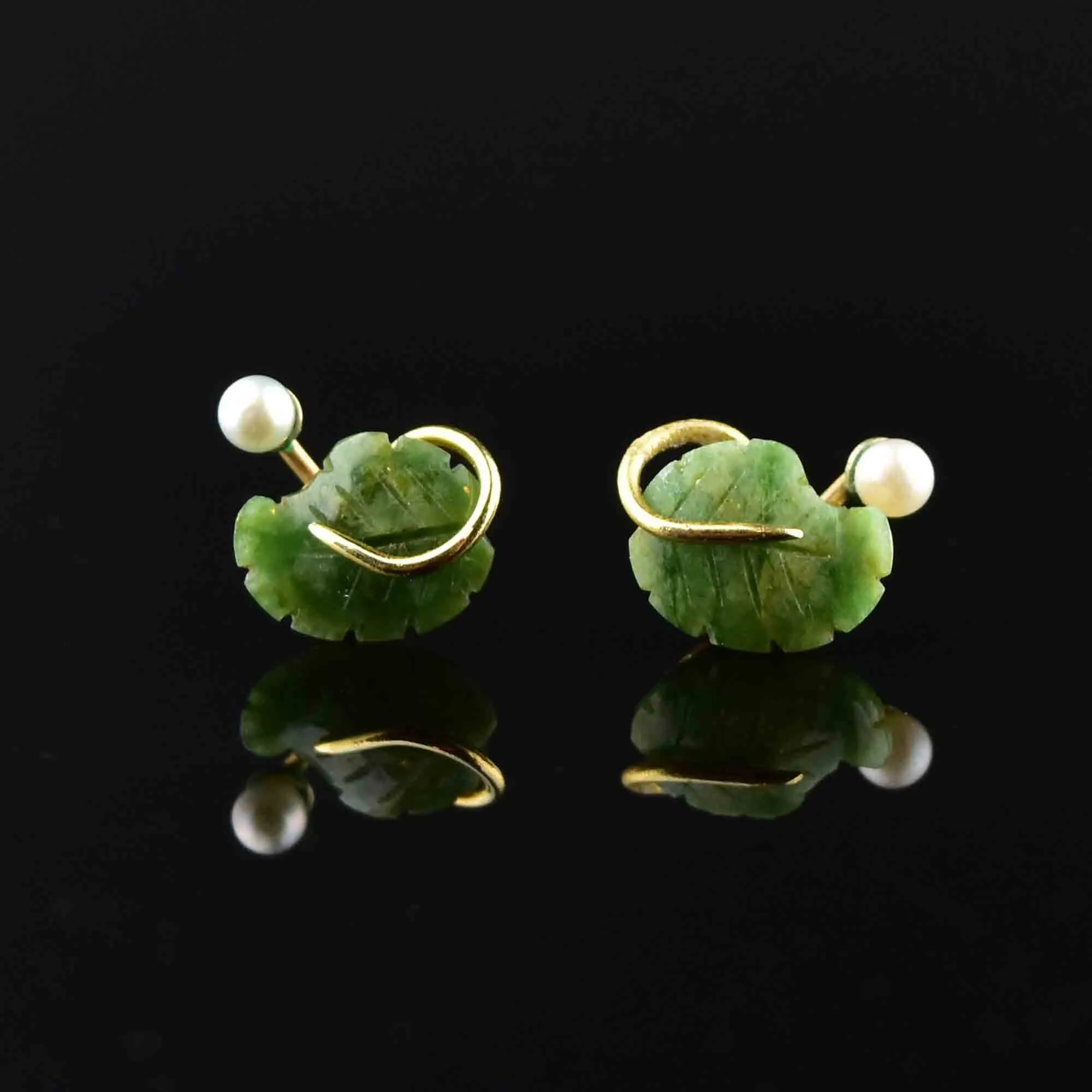 14K Gold Carved Leaf Jade Pearl Stud Earrings