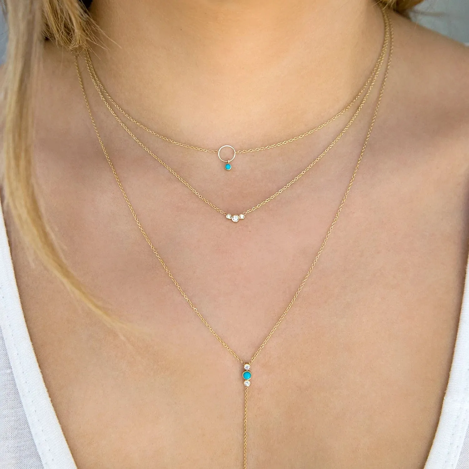 14k Gold Dangling Bezel Turquoise Circle Necklace