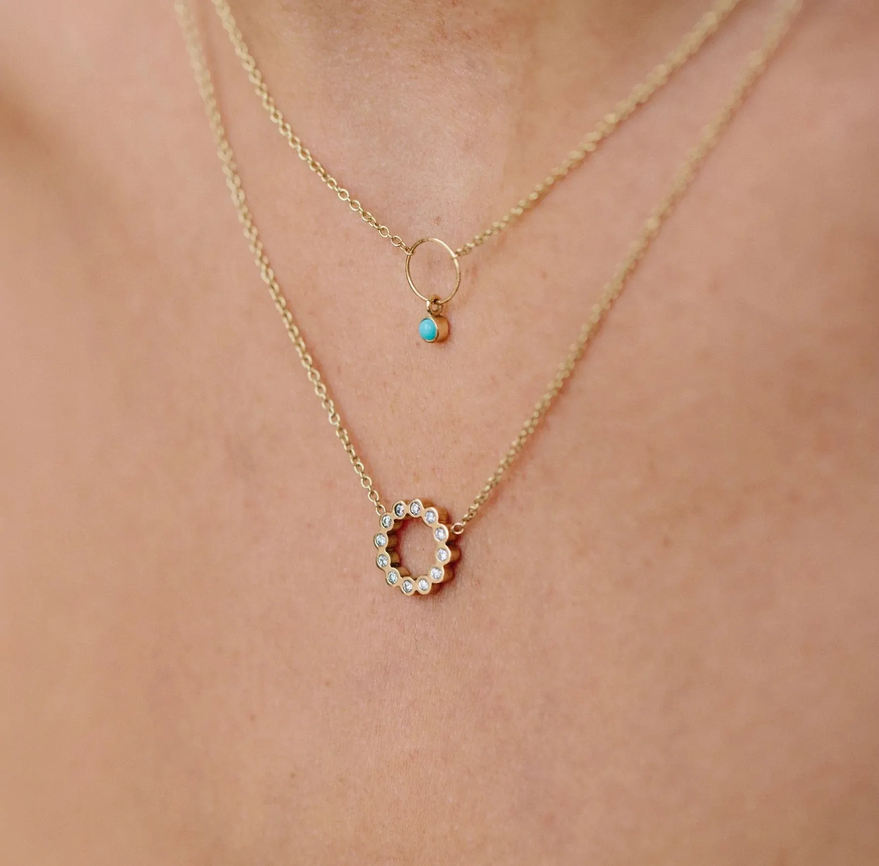 14k Gold Dangling Bezel Turquoise Circle Necklace