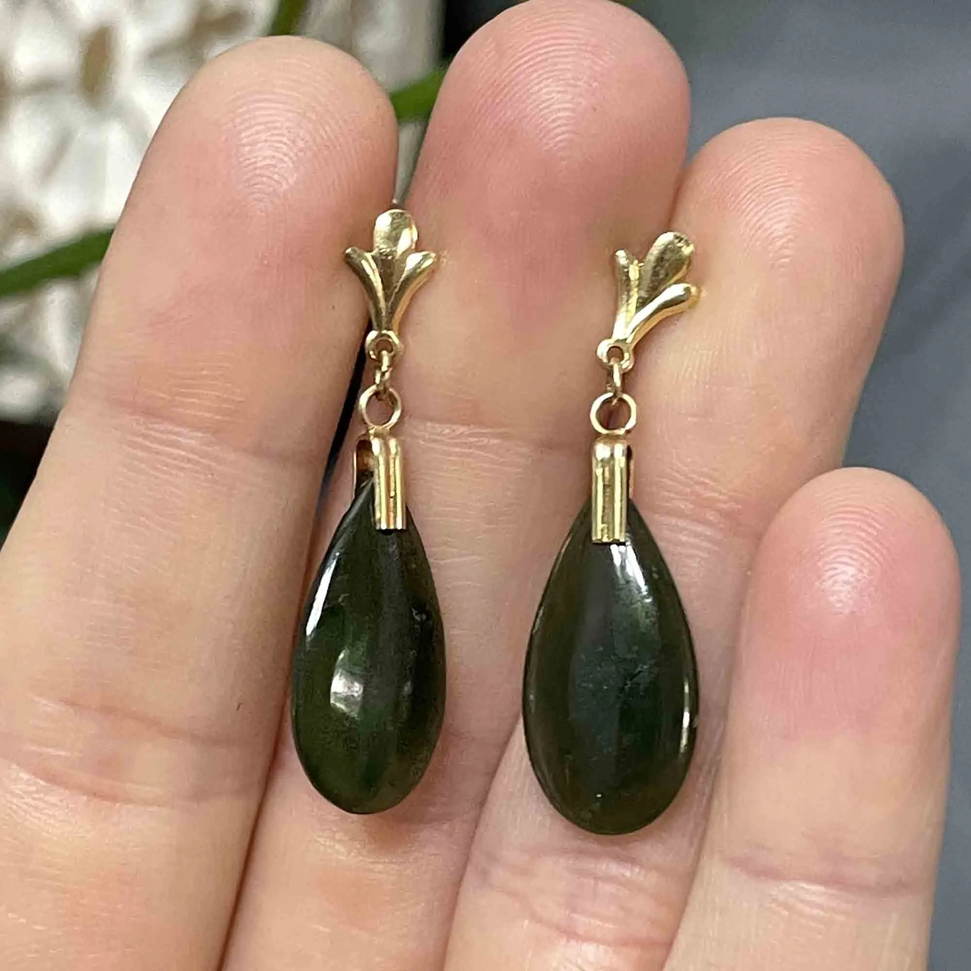 14K Gold Fluer de Lis Jade Teardrop Earrings