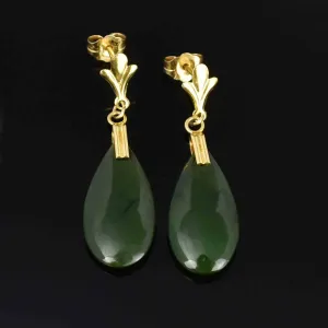 14K Gold Fluer de Lis Jade Teardrop Earrings