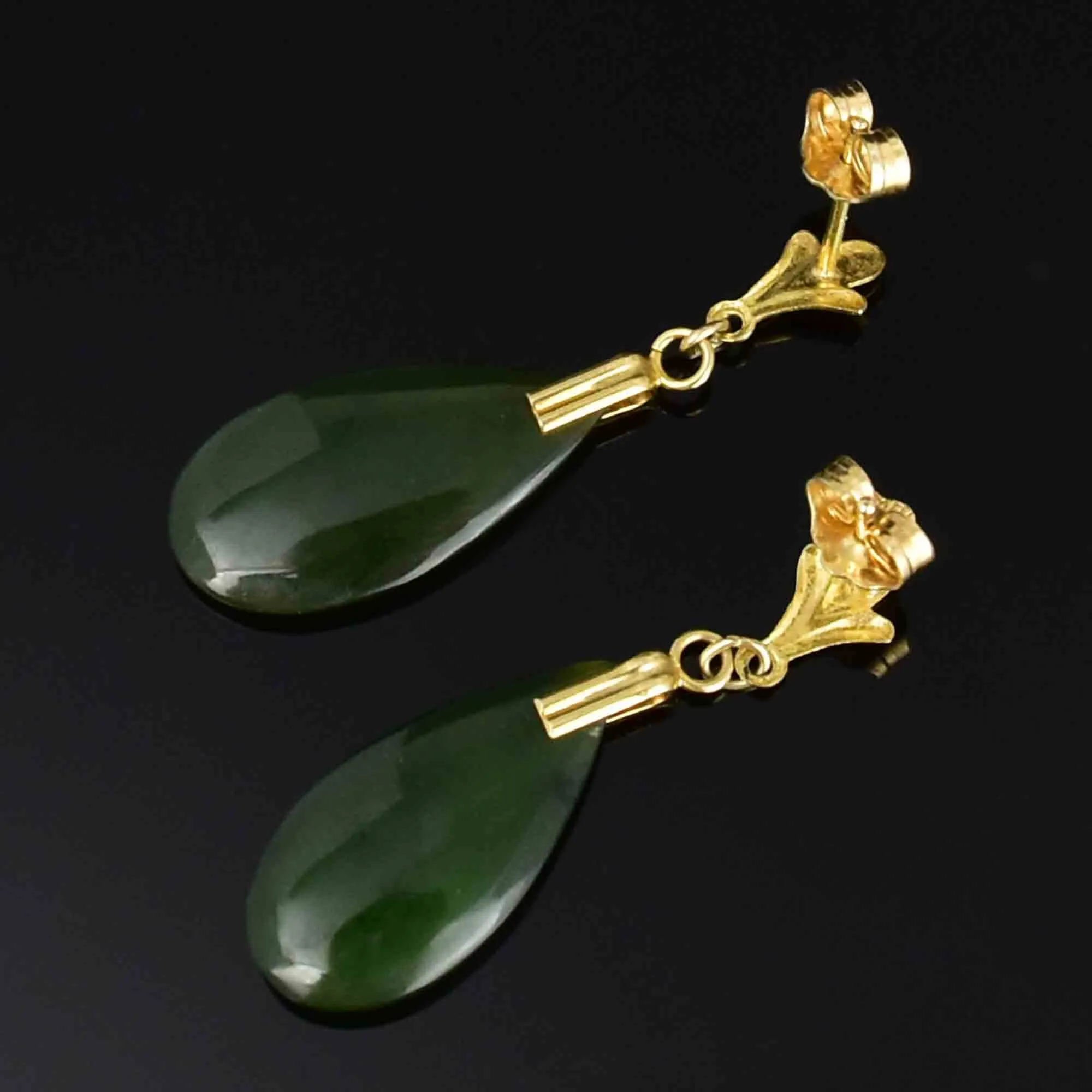 14K Gold Fluer de Lis Jade Teardrop Earrings