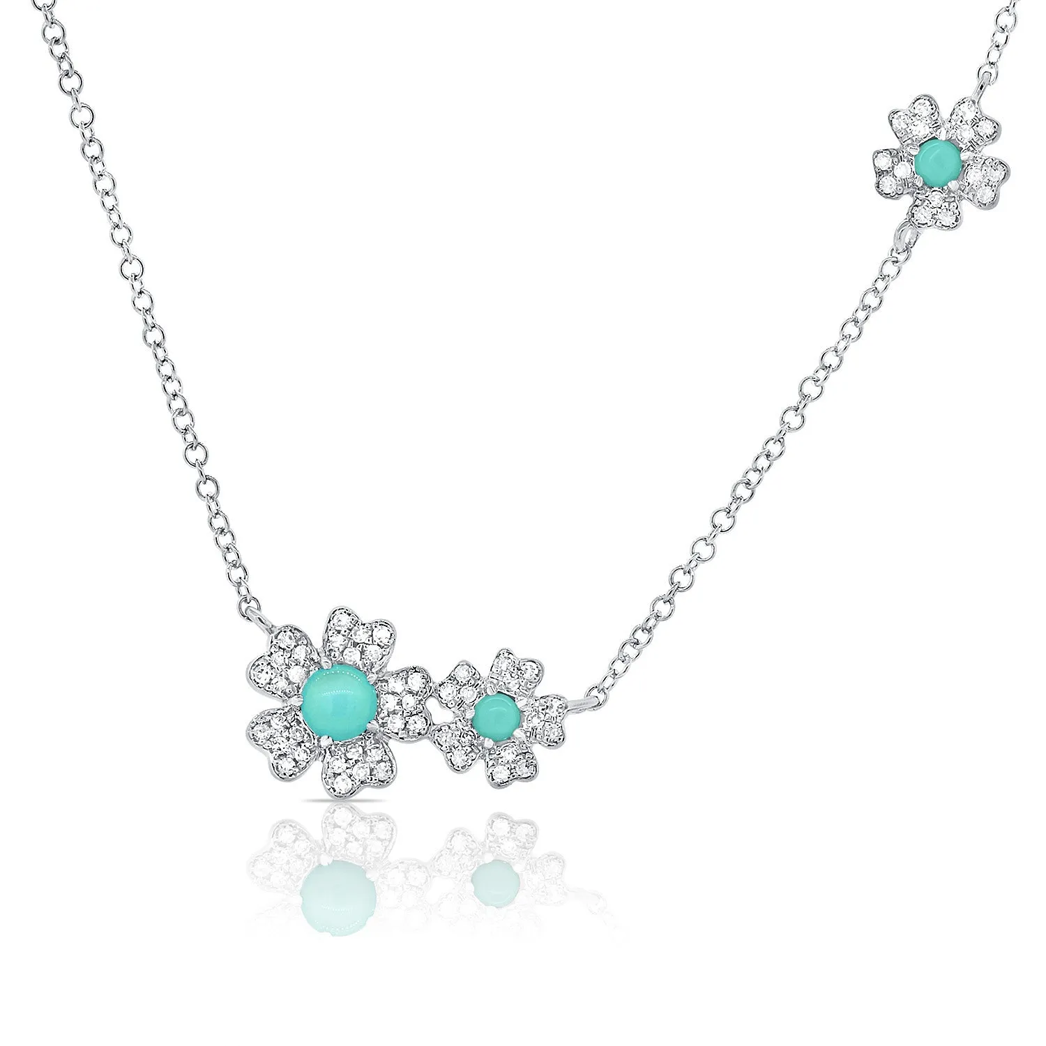 14K Rose Gold Diamond   Turquoise Flower Necklace