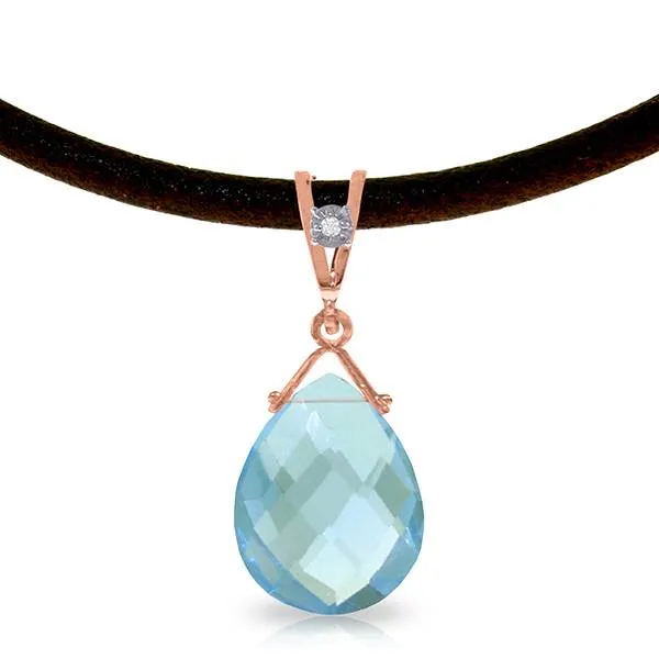 14K Solid Rose Gold & Leather Diamond & Blue Topaz Necklace