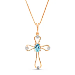 14K Solid Rose Gold Cross Necklace w/ Natural Diamonds & Blue Topaz