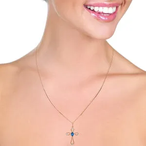 14K Solid Rose Gold Cross Necklace w/ Natural Diamonds & Blue Topaz