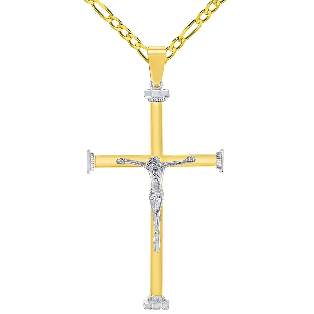 14k Solid Two-Tone Gold 3D Catholic Christian Crucifix Cross Pendant with Figaro Chain Necklace