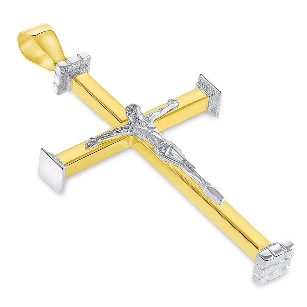 14k Solid Two-Tone Gold 3D Catholic Christian Crucifix Cross Pendant with Figaro Chain Necklace