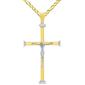 14k Solid Two-Tone Gold 3D Catholic Christian Crucifix Cross Pendant with Figaro Chain Necklace