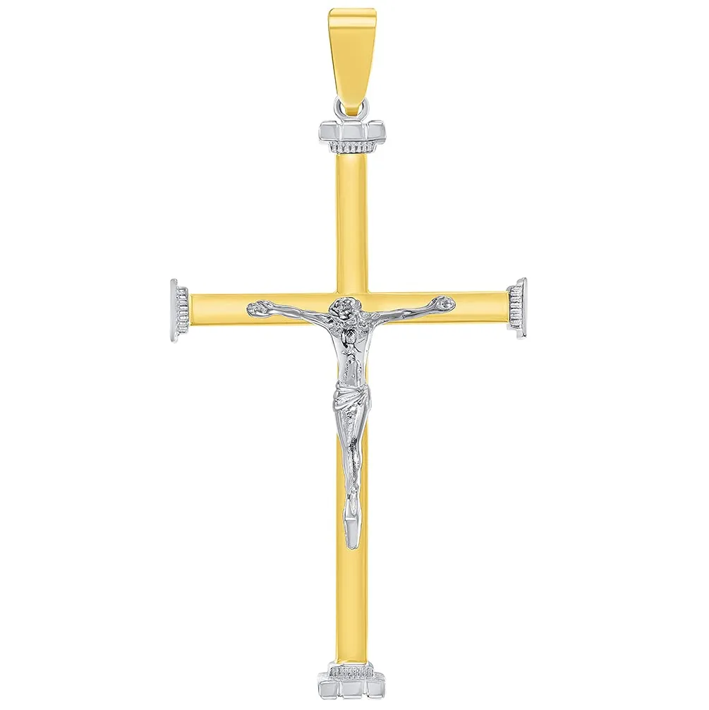 14k Solid Two-Tone Gold 3D Catholic Christian Crucifix Cross Pendant with Figaro Chain Necklace