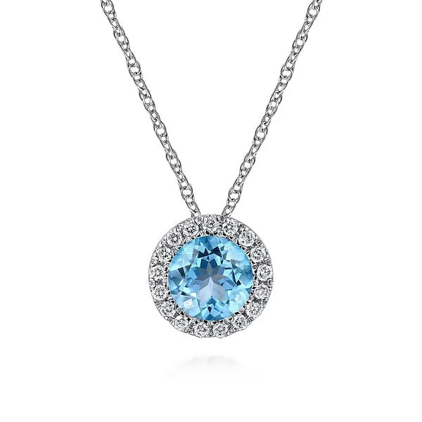 14K White Gold Blue Topaz and Diamond Necklace