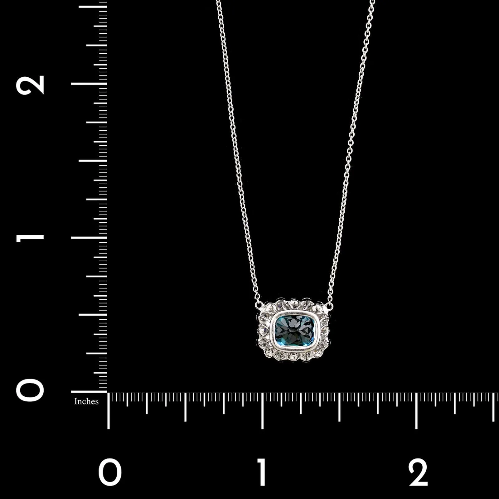 14K White Gold Blue Zircon and Diamond Pendant Necklace