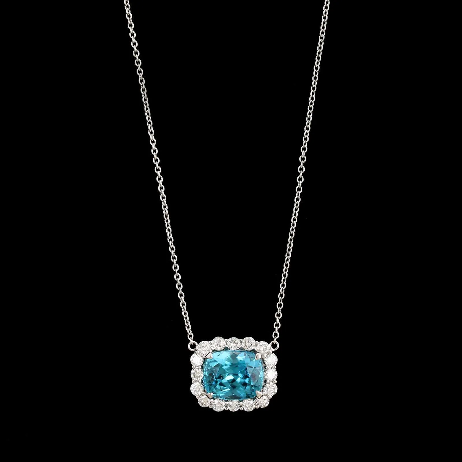 14K White Gold Blue Zircon and Diamond Pendant Necklace