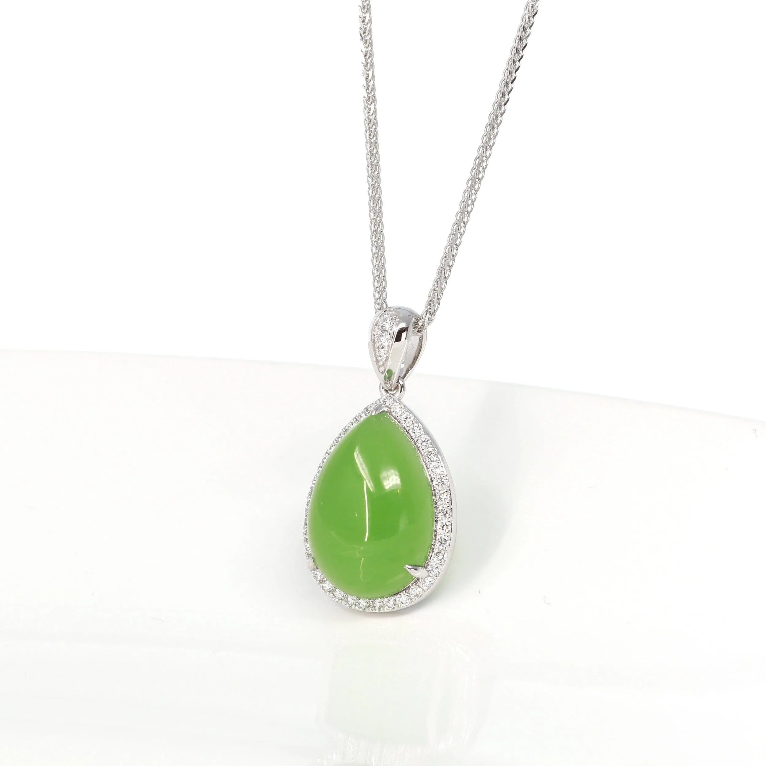 14K White Gold Genuine Green Apple Green Jade Tear Drop Pendant Necklace With VS1 Diamond