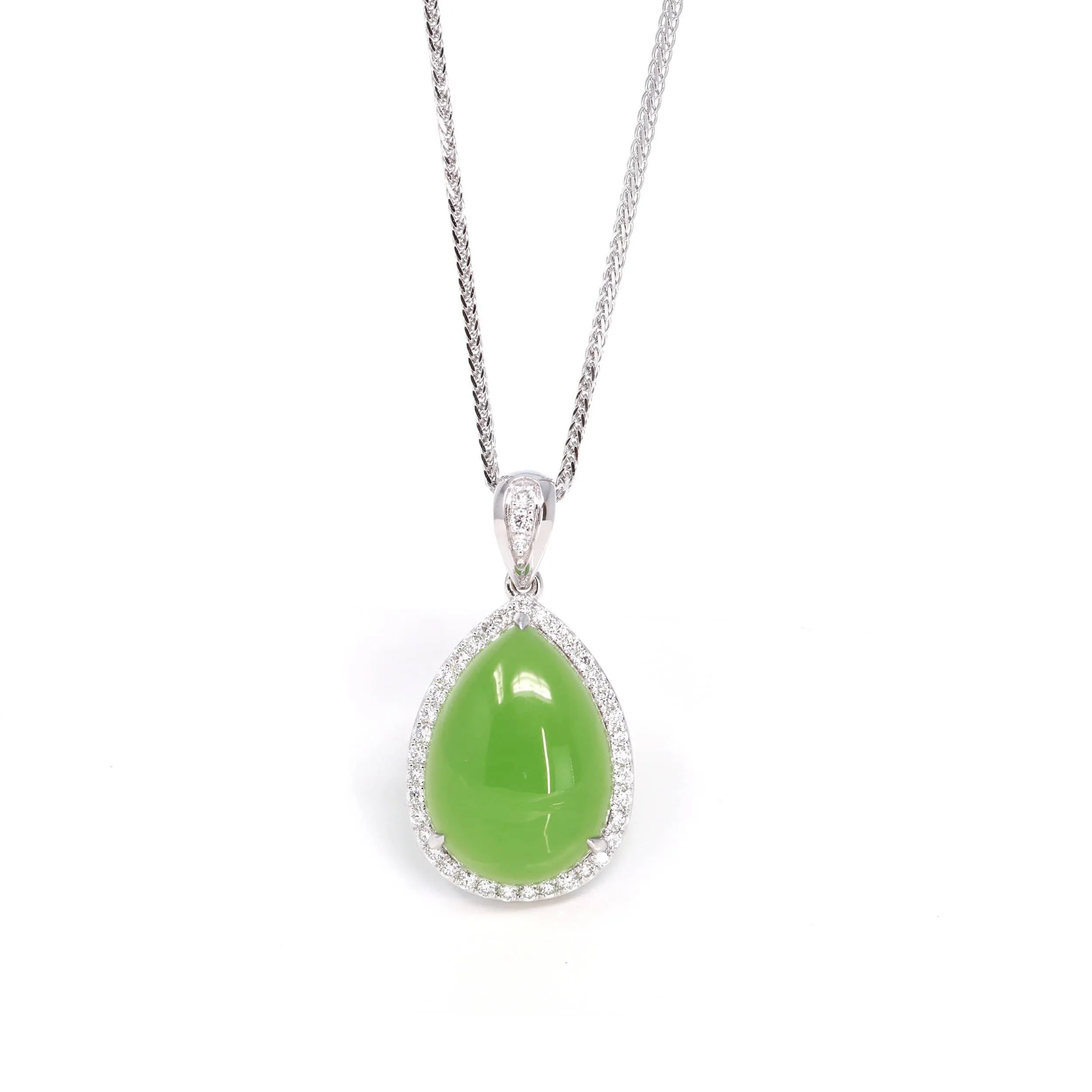 14K White Gold Genuine Green Apple Green Jade Tear Drop Pendant Necklace With VS1 Diamond