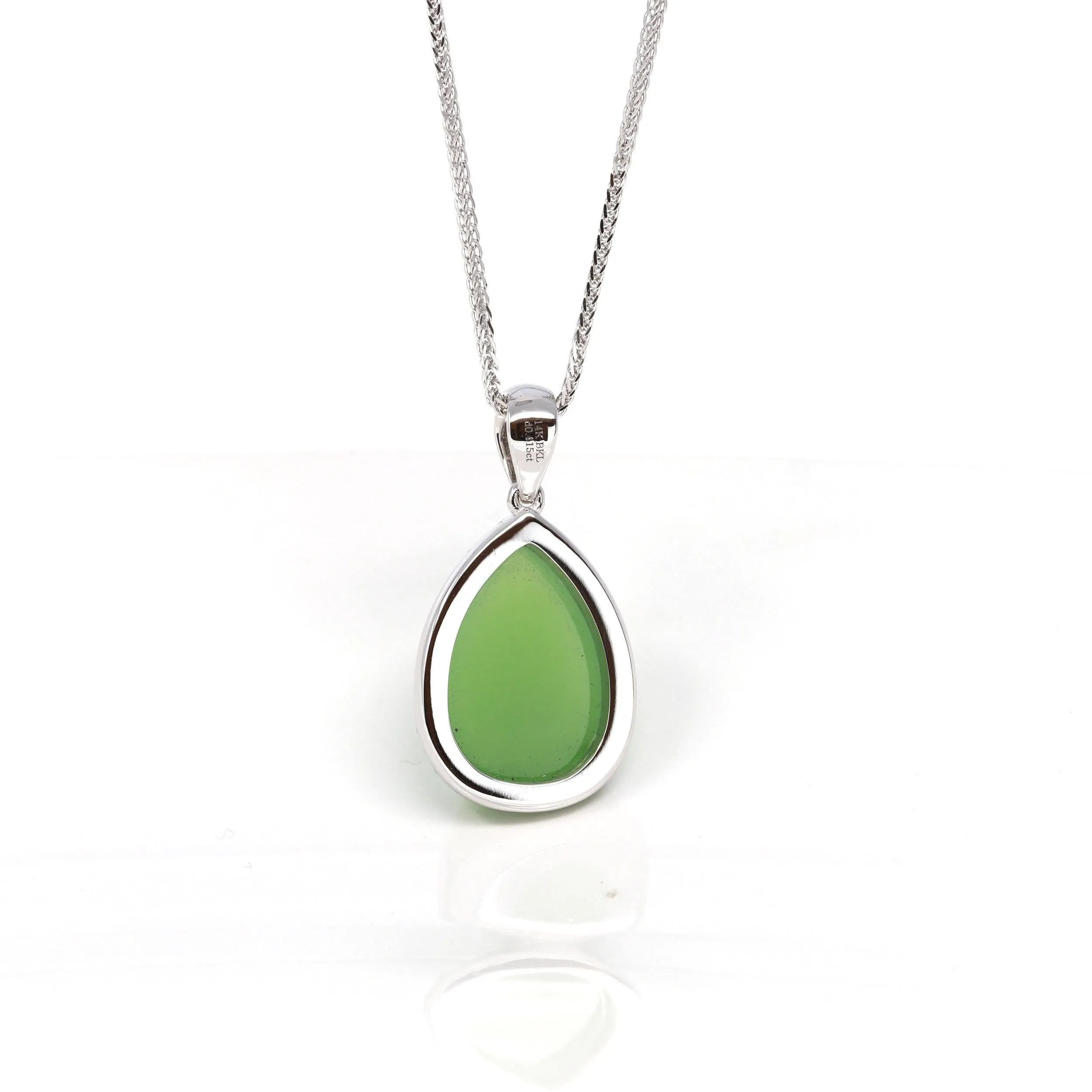 14K White Gold Genuine Green Apple Green Jade Tear Drop Pendant Necklace With VS1 Diamond