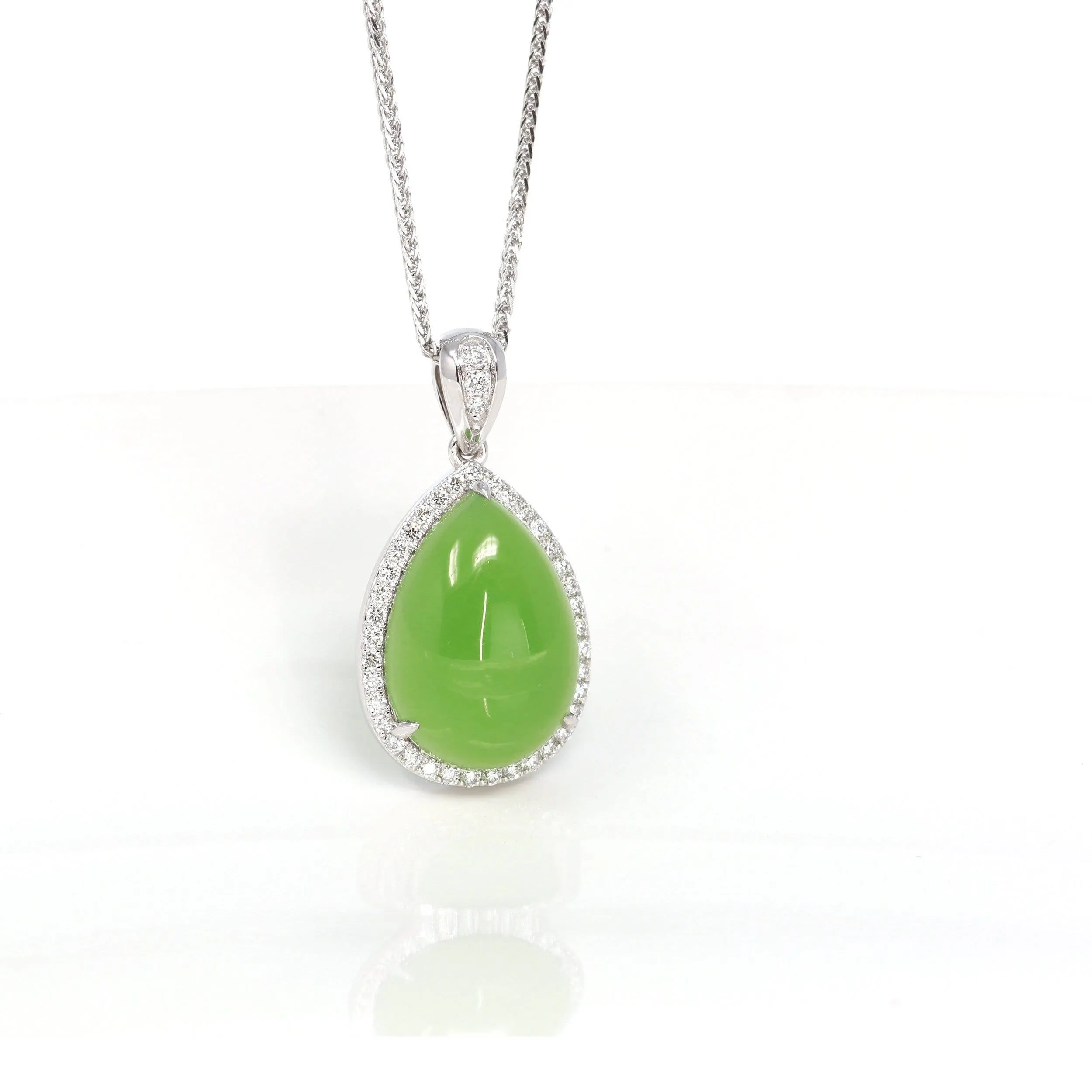 14K White Gold Genuine Green Apple Green Jade Tear Drop Pendant Necklace With VS1 Diamond