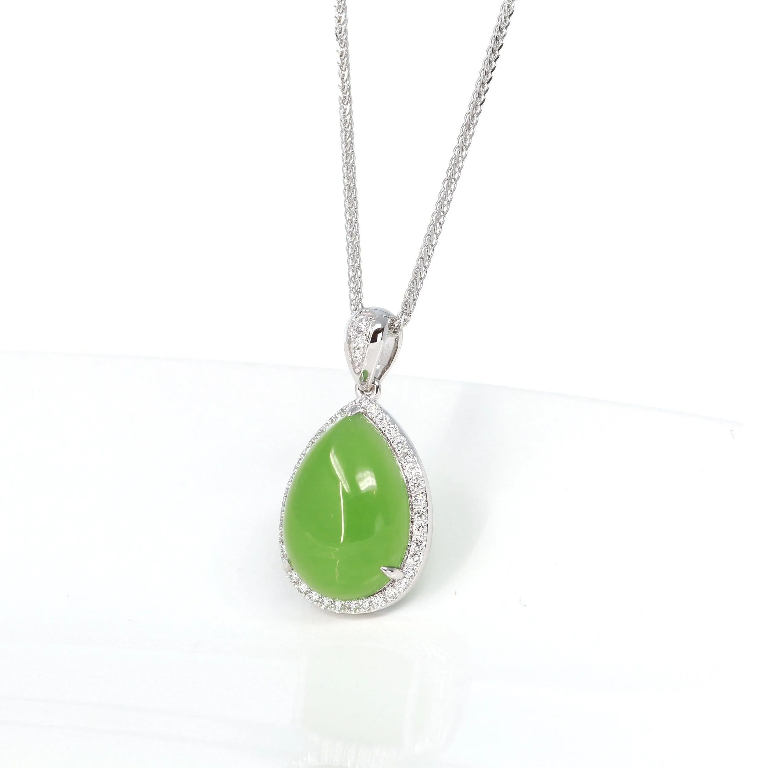 14K White Gold Genuine Green Apple Green Jade Tear Drop Pendant Necklace With VS1 Diamond