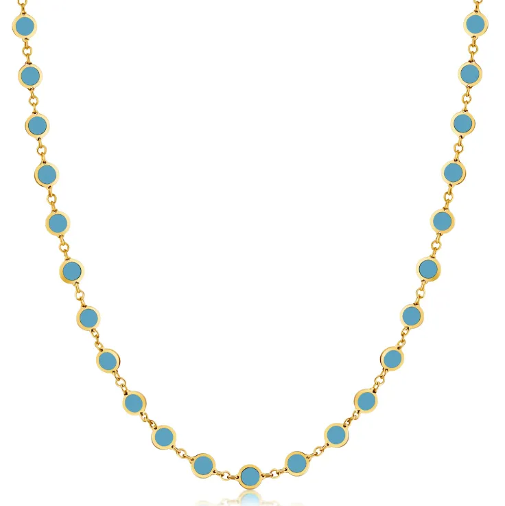 14k Yellow Gold Round Bezel Disc Turquoise Necklace (I8485)