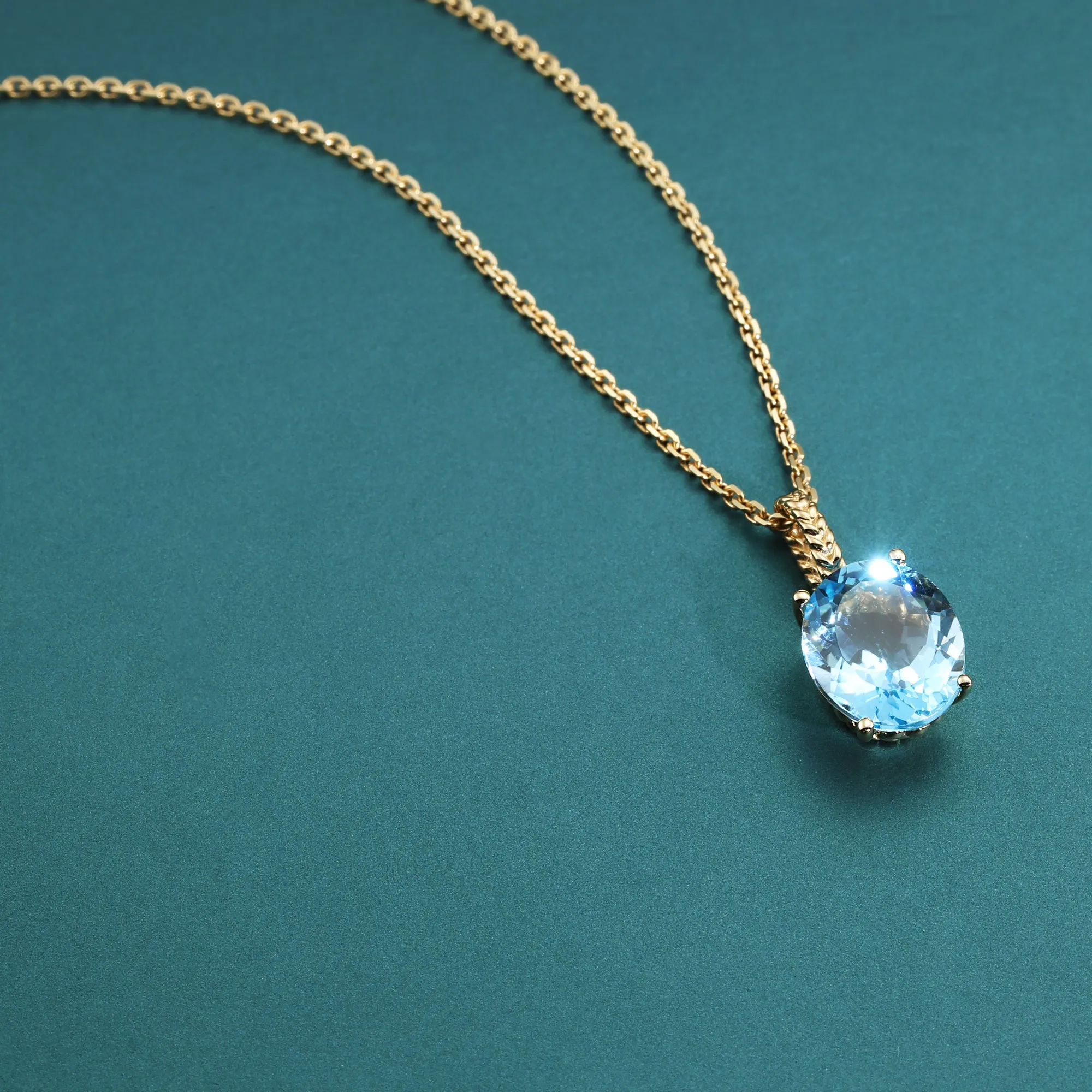 14k Yellow Gold Topaz Necklace, Brilliant Sky Blue 6 Carat Oval Shaped Topaz Gemstone Pendant