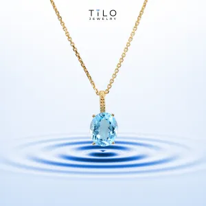 14k Yellow Gold Topaz Necklace, Brilliant Sky Blue 6 Carat Oval Shaped Topaz Gemstone Pendant