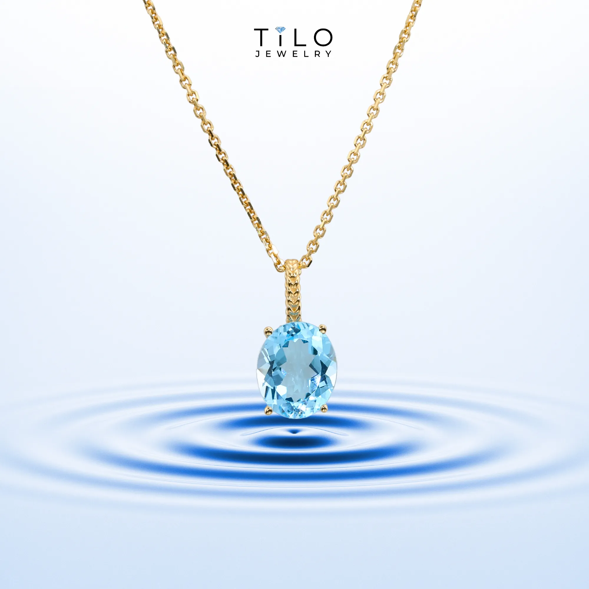 14k Yellow Gold Topaz Necklace, Brilliant Sky Blue 6 Carat Oval Shaped Topaz Gemstone Pendant