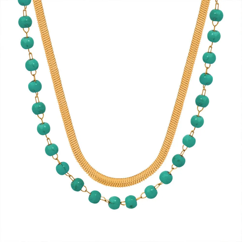 18k gold light luxury fashion clavicle chain with turquoise double-layer stacked design necklace