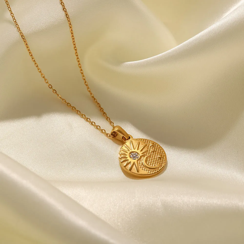 18K Gold Plated Zircon Sun Half Moon Pendant Necklace