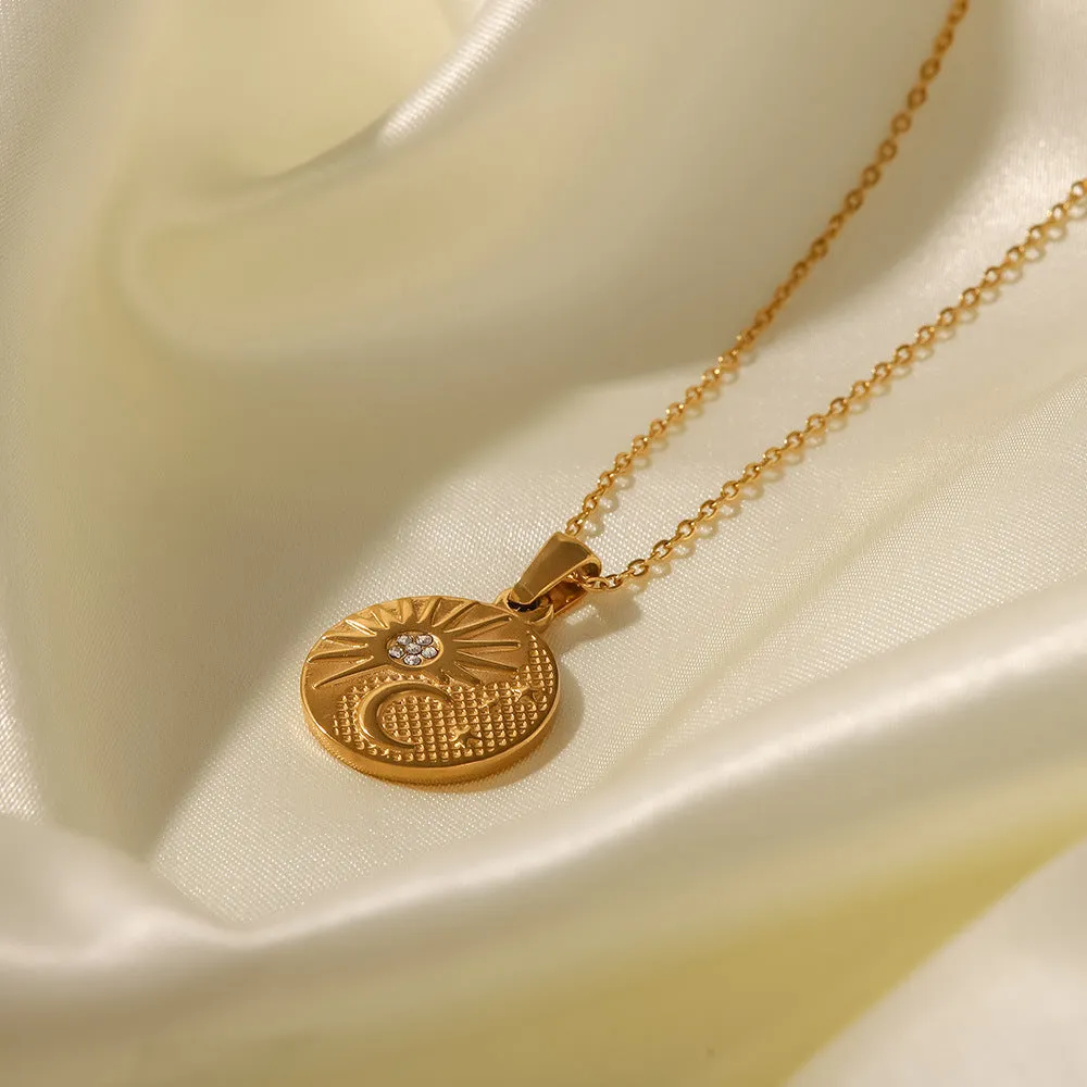 18K Gold Plated Zircon Sun Half Moon Pendant Necklace