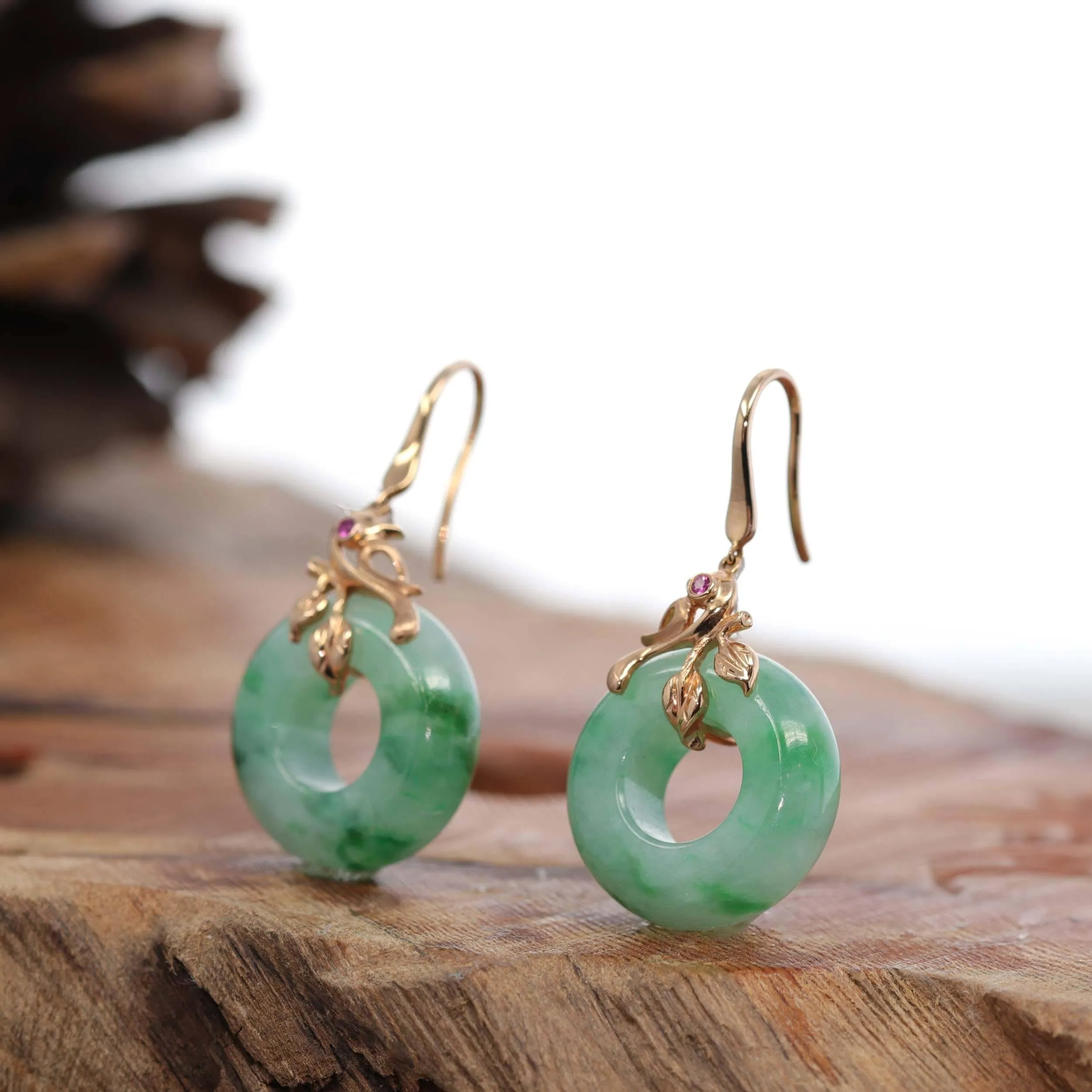 18k Rose Gold "Good Luck Birdie" KouKou genuine Green Jadeite Jade Earrings & Ruby