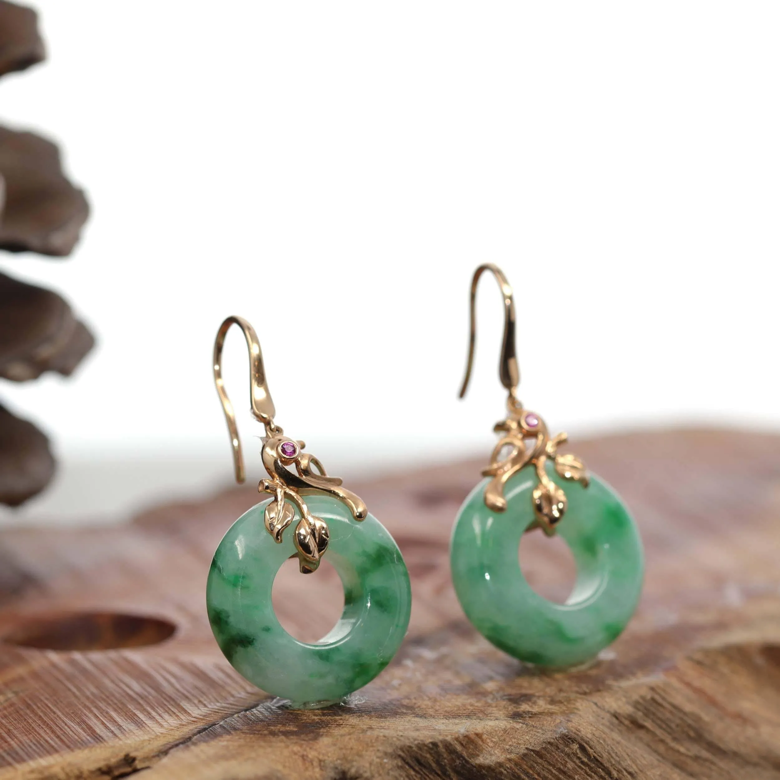 18k Rose Gold "Good Luck Birdie" KouKou genuine Green Jadeite Jade Earrings & Ruby