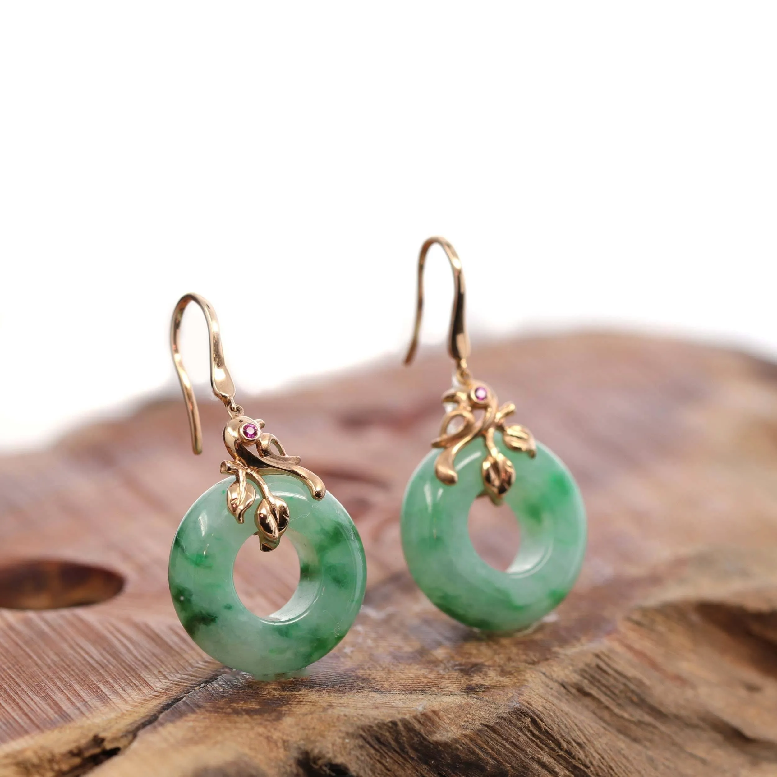 18k Rose Gold "Good Luck Birdie" KouKou genuine Green Jadeite Jade Earrings & Ruby