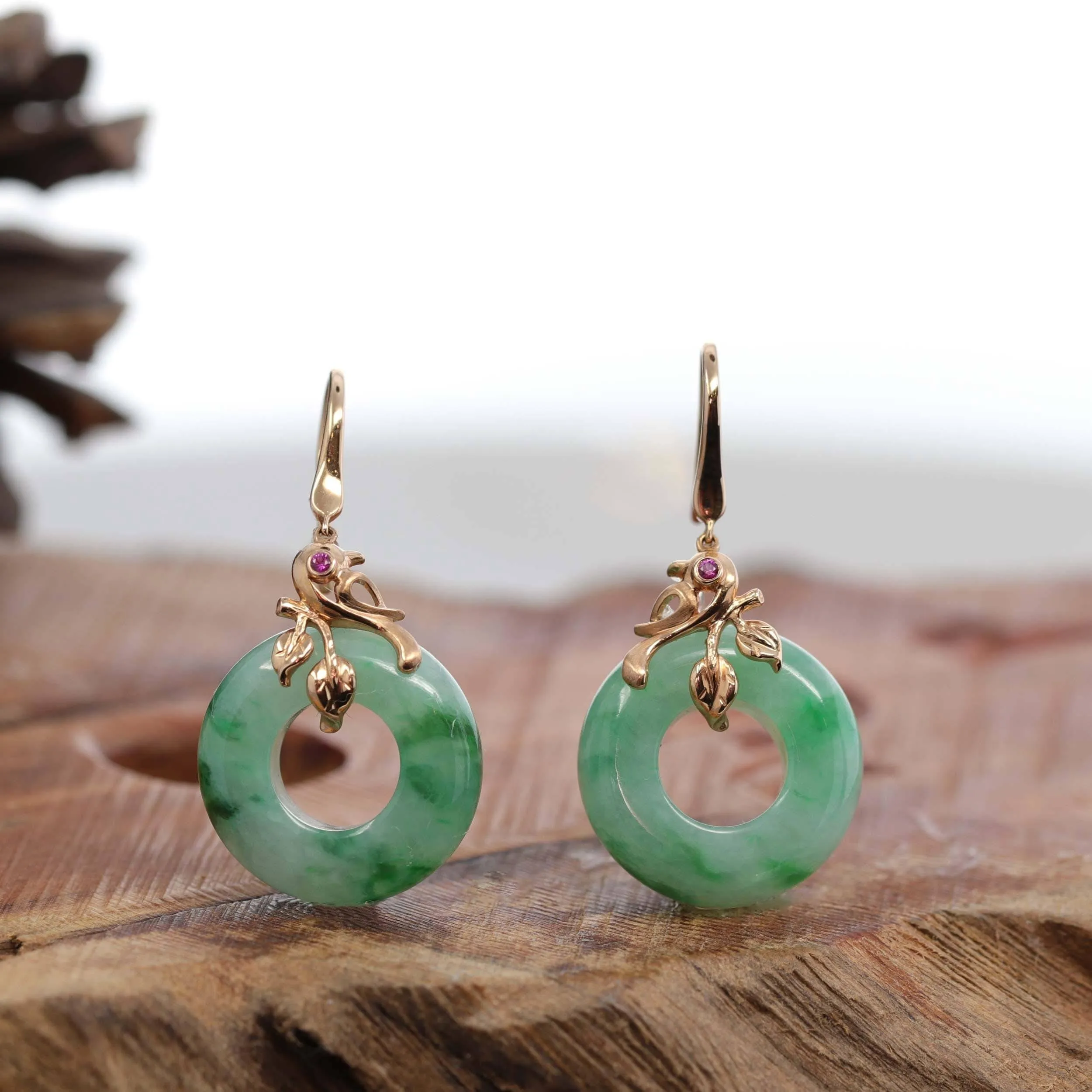 18k Rose Gold "Good Luck Birdie" KouKou genuine Green Jadeite Jade Earrings & Ruby