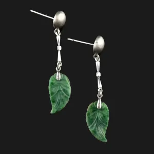 18K White Gold Carved Jade Leaf Chandelier Earrings