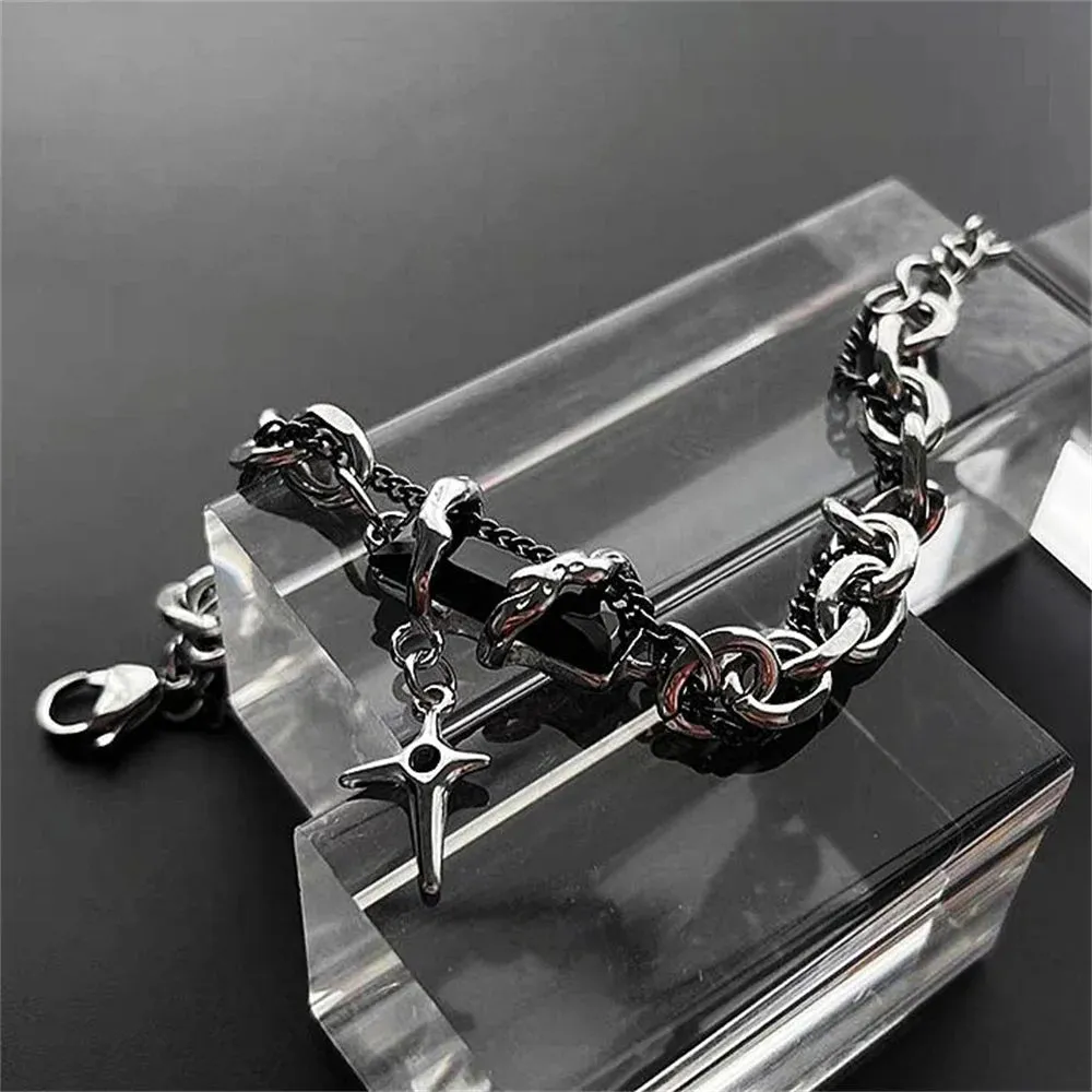 2023 Retro Black Zircon Star Bracelet For Women Men Trend Titanium Steel Punk Nk Chain Unisex Jewelry New Couple Accessories