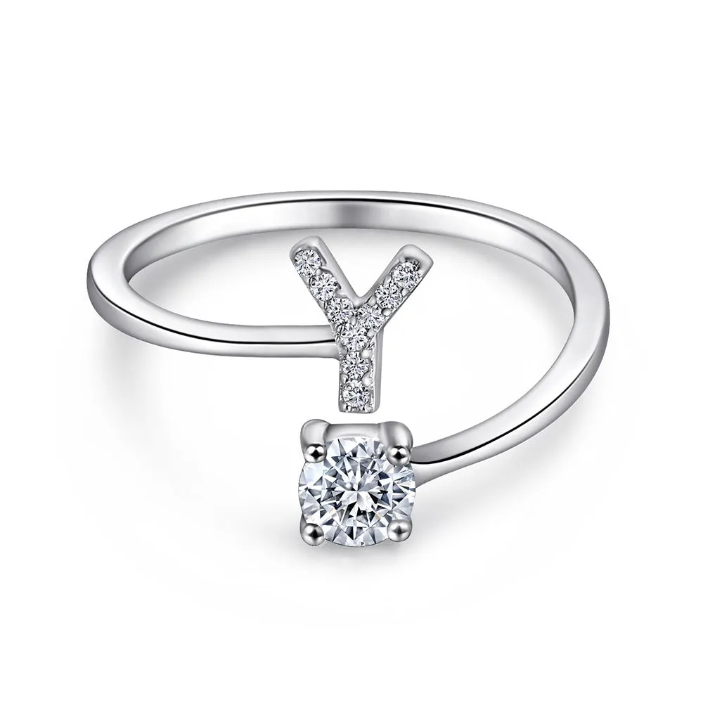 26 Letters with Round Zircon Silver Ring for Women