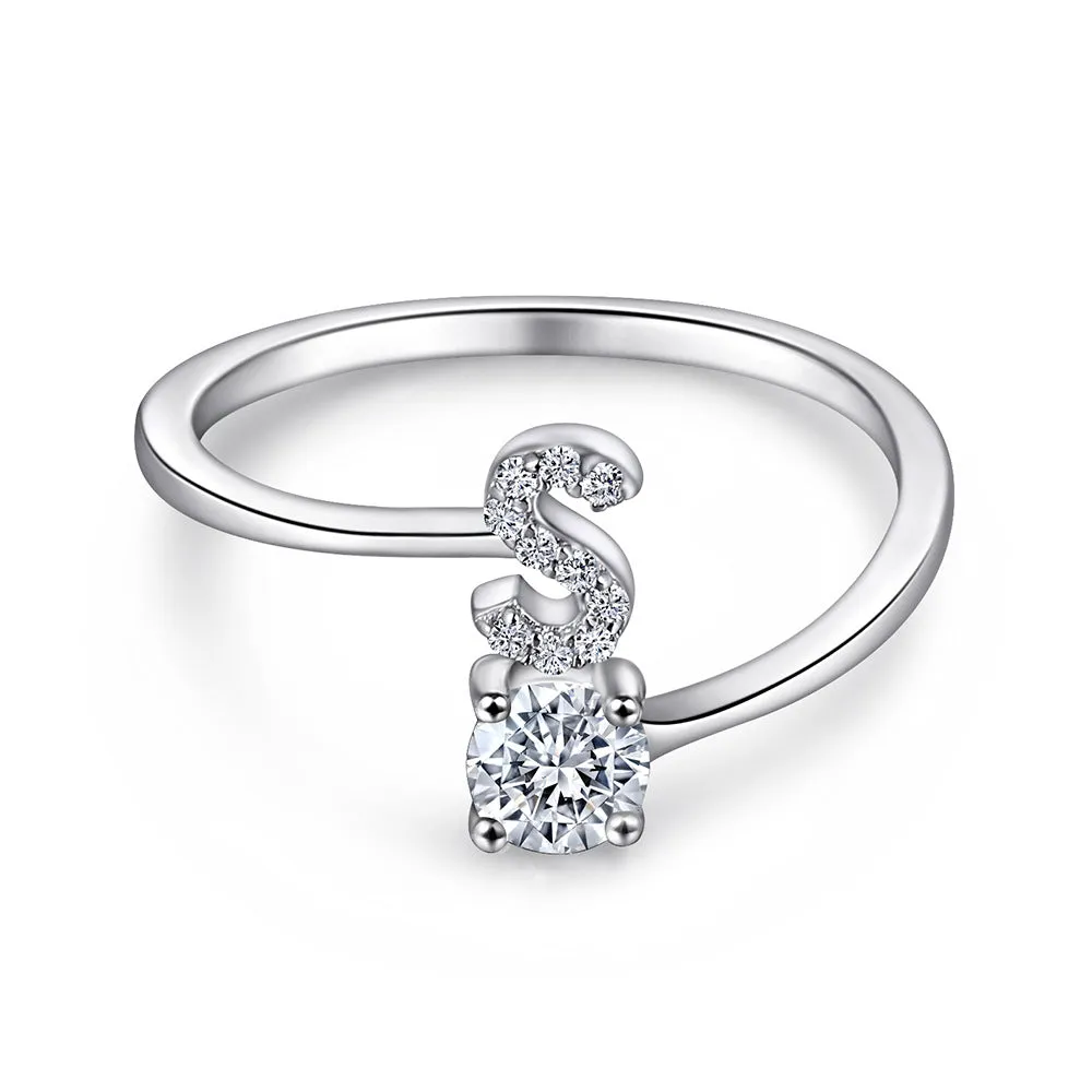 26 Letters with Round Zircon Silver Ring for Women