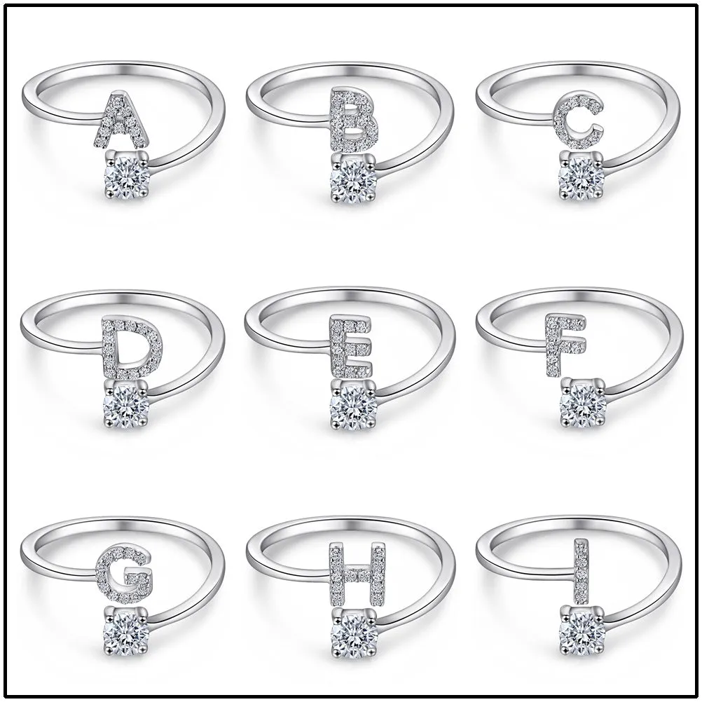 26 Letters with Round Zircon Silver Ring for Women